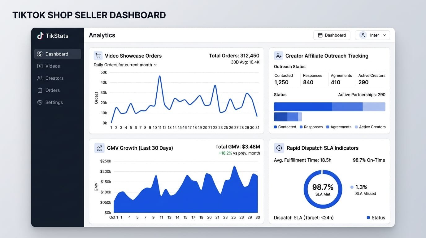TikTok Shop Seller Center analytics, creator affiliate pipeline, and fulfillment SLA dashboard