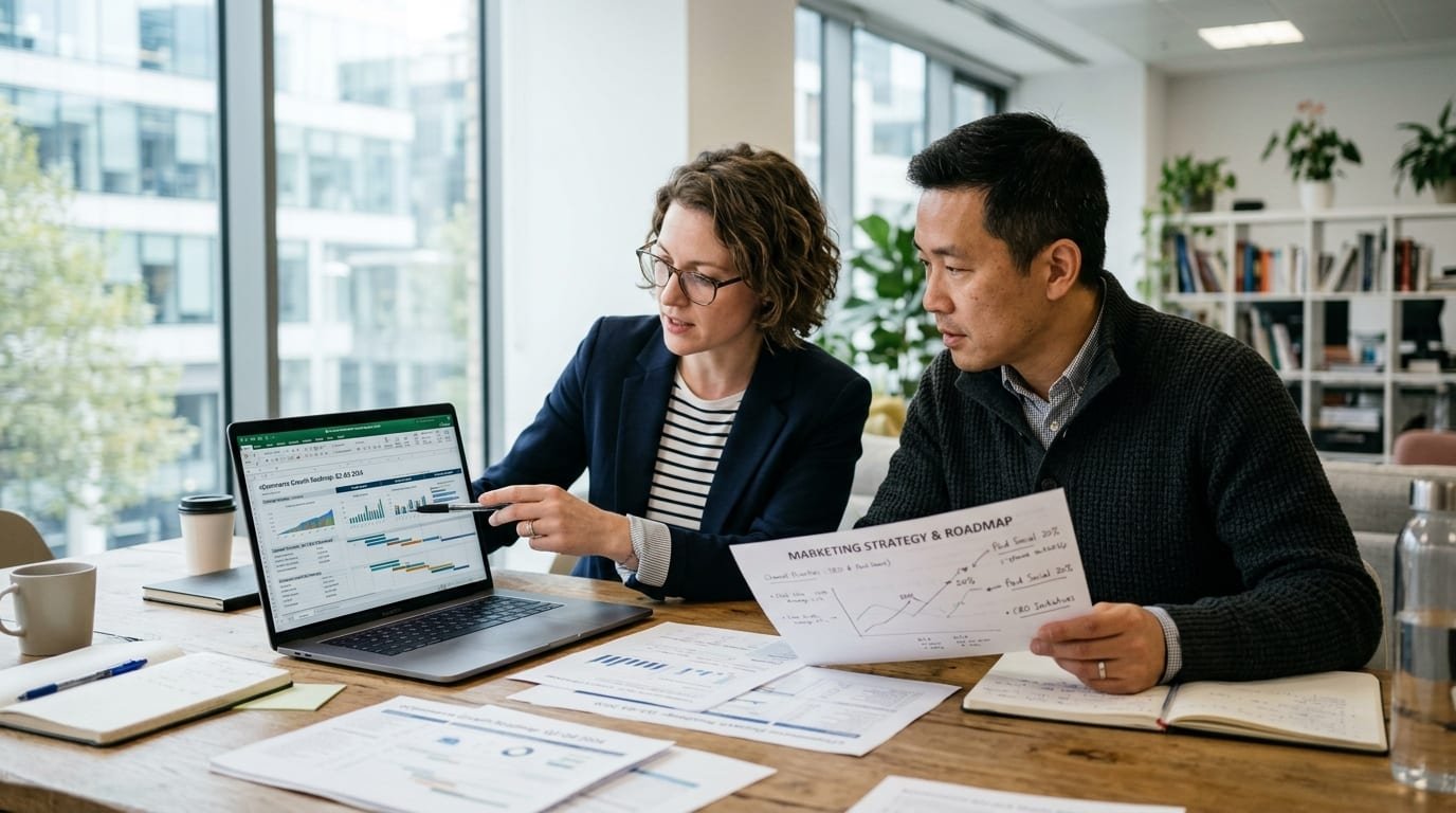 E-commerce strategy team collaborating on multi-marketplace roadmap and growth milestones